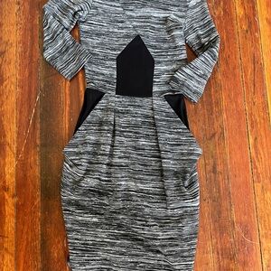 French Connection Gray Striped Long-Sleeve Stretchy Fitted Dress with Pockets!